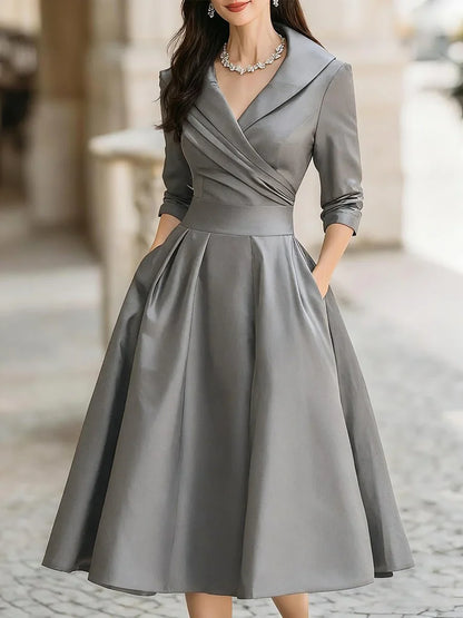 Women's vintage A-line wrap cocktail party dress midi pleated skirt – Gray