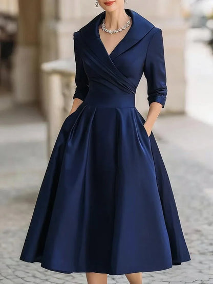 Women's vintage A-line wrap cocktail party dress midi pleated skirt – Navy Blue