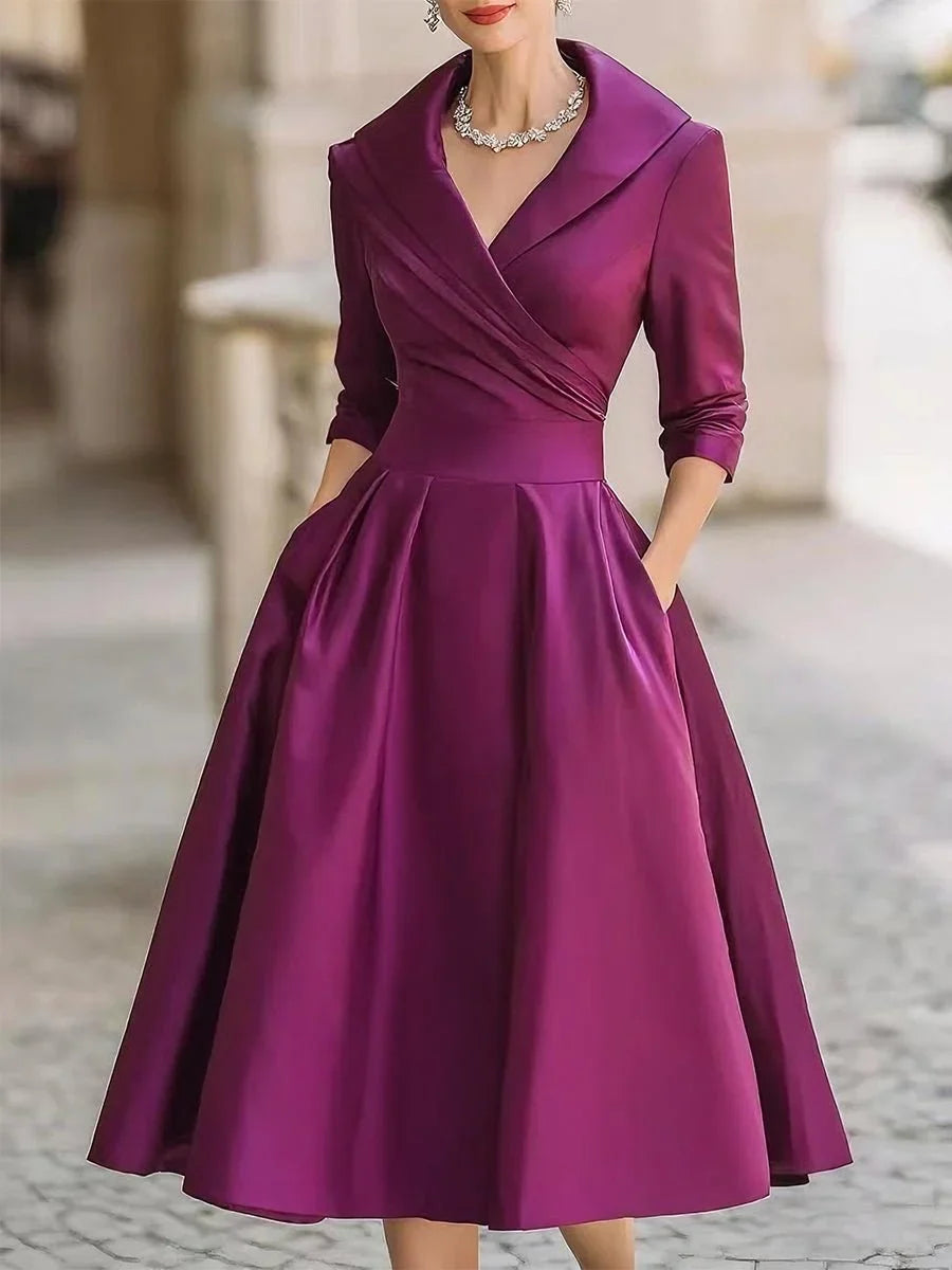 Women's vintage A-line wrap cocktail party dress midi pleated skirt – Purple