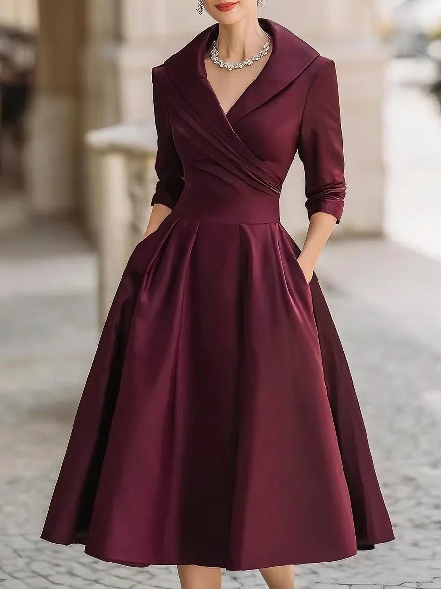 Women's vintage A-line wrap cocktail party dress midi pleated skirt – Wine Red