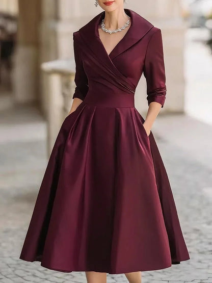 Women's vintage A-line wrap cocktail party dress midi pleated skirt – Wine Red