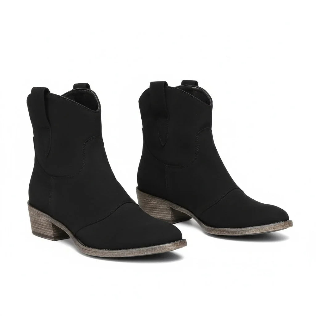 Women's vintage cowboy ankle boots with pointed toe and block heel – Black
