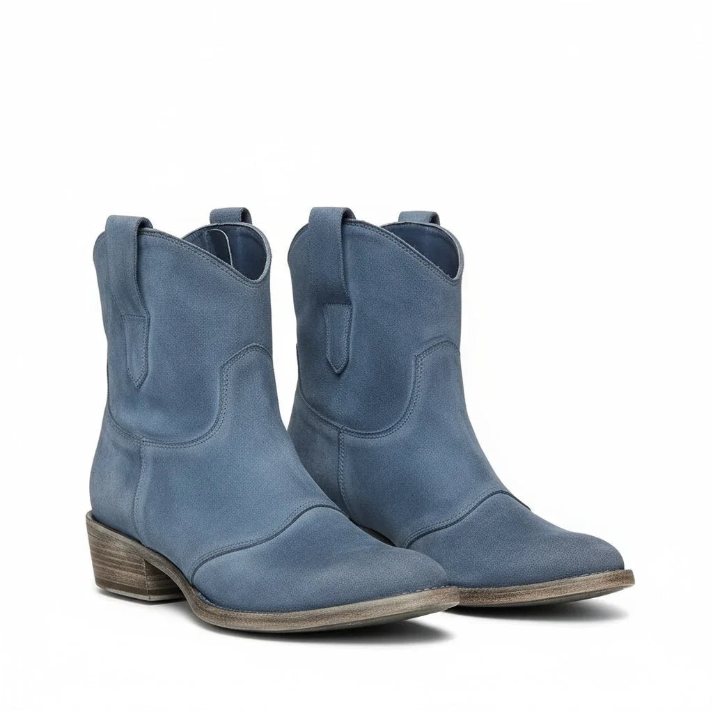 Women's vintage cowboy ankle boots with pointed toe and block heel – Blue