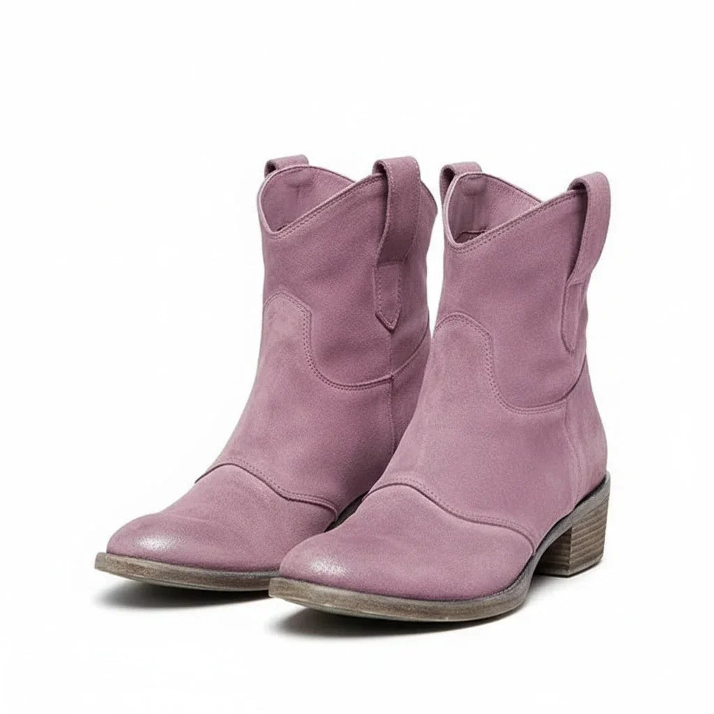 Women's vintage cowboy ankle boots with pointed toe and block heel – Pink