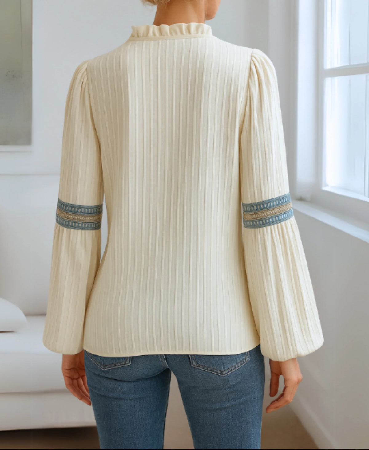 Women's vintage embroidered ribbed blouse with ruffle V-neck and balloon sleeves