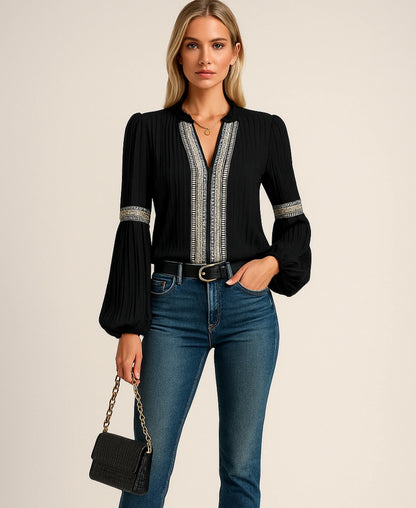Women's vintage embroidered ribbed blouse with ruffle V-neck and balloon sleeves
