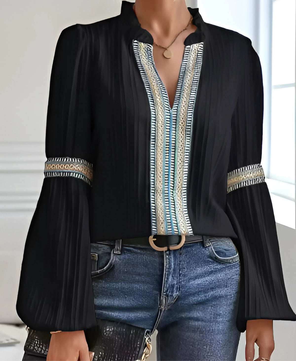 Women's vintage embroidered ribbed blouse with ruffle V-neck and balloon sleeves – Black