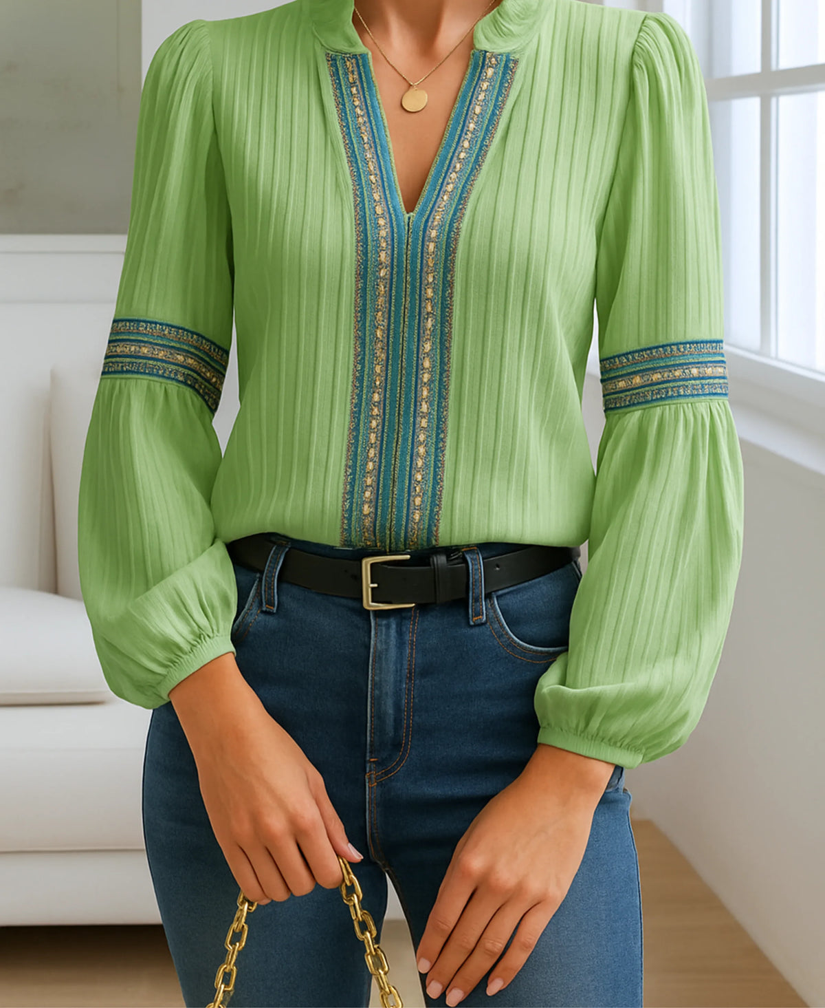 Women's vintage embroidered ribbed blouse with ruffle V-neck and balloon sleeves – Green
