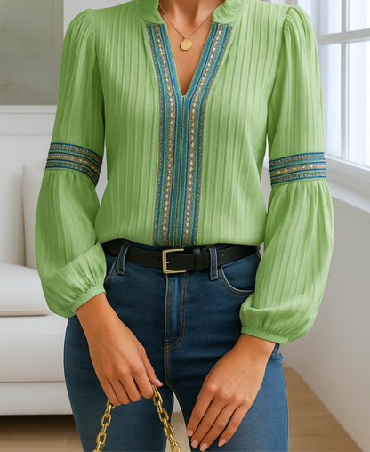 Women's vintage embroidered ribbed blouse with ruffle V-neck and balloon sleeves – Green