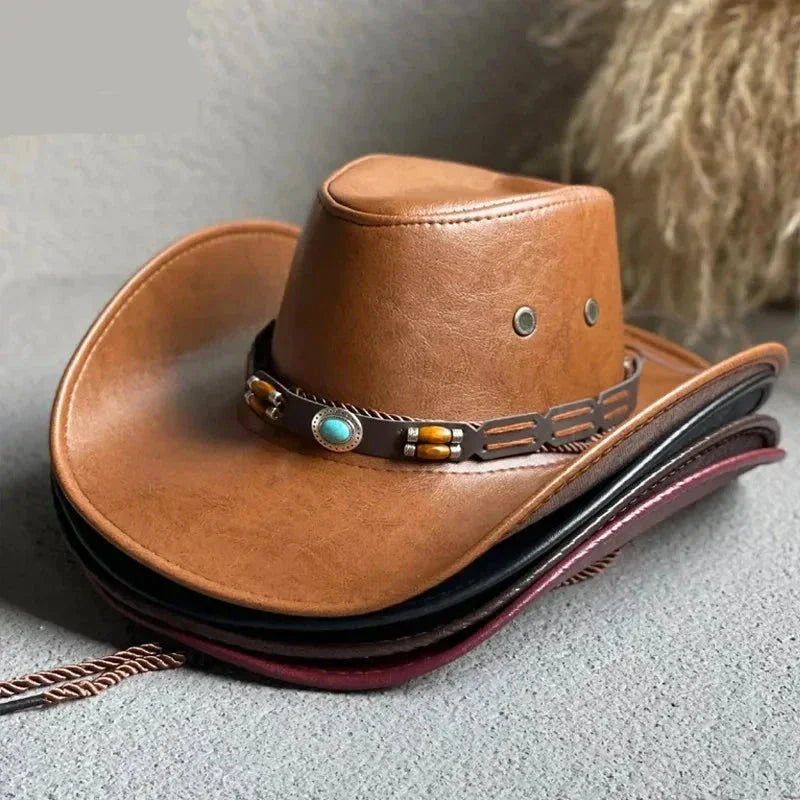 Women's vintage faux leather cowboy hat with band and chin strap