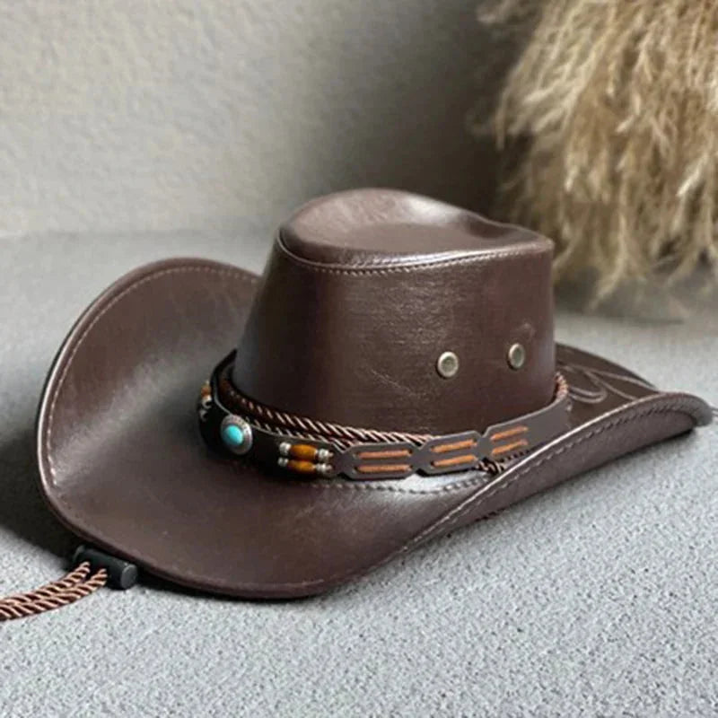 Women's vintage faux leather cowboy hat with band and chin strap – Brown