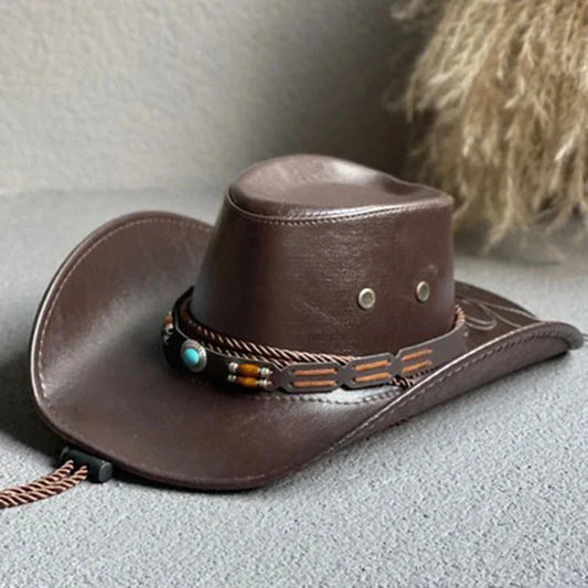 Women's vintage faux leather cowboy hat with band and chin strap – Brown