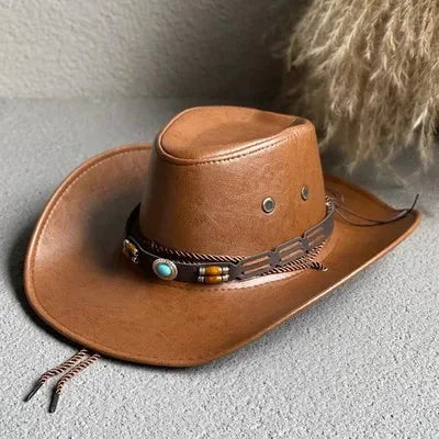 Women's vintage faux leather cowboy hat with band and chin strap – Khaki