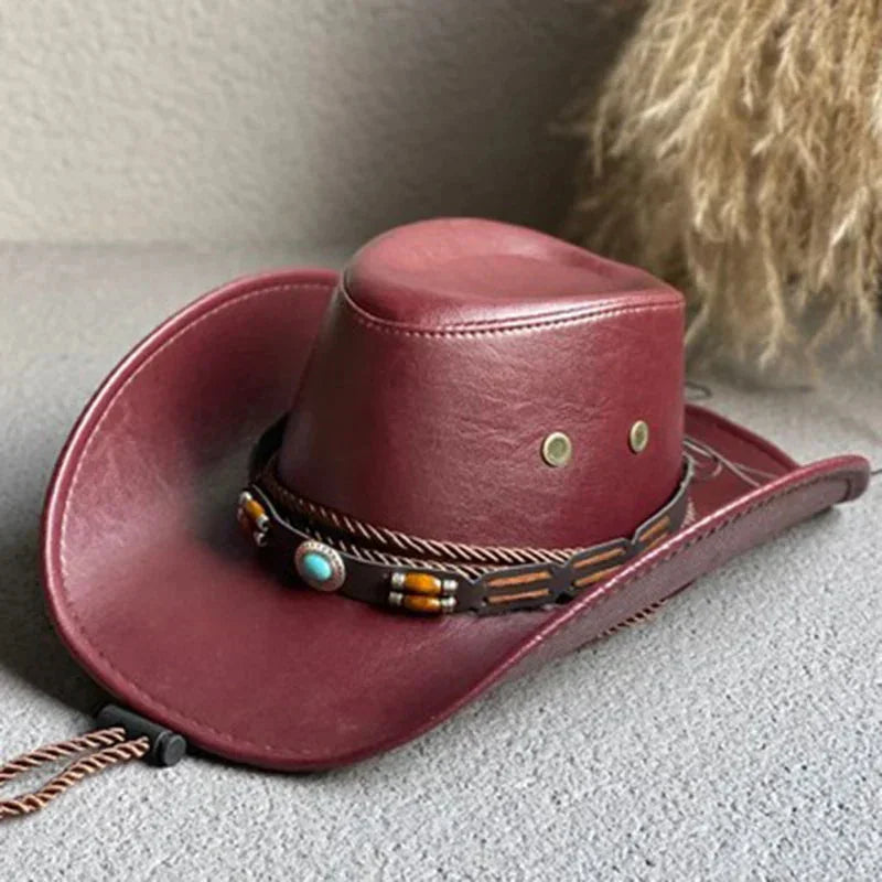 Women's vintage faux leather cowboy hat with band and chin strap – Wine Red