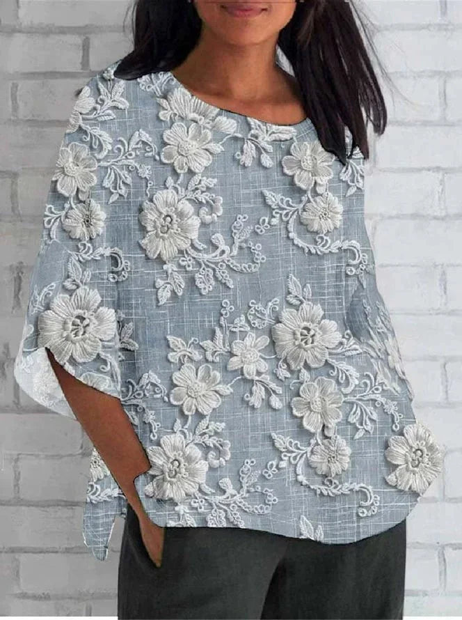 Women's vintage floral relaxed blouse with round neck 3/4 split sleeves – Blue