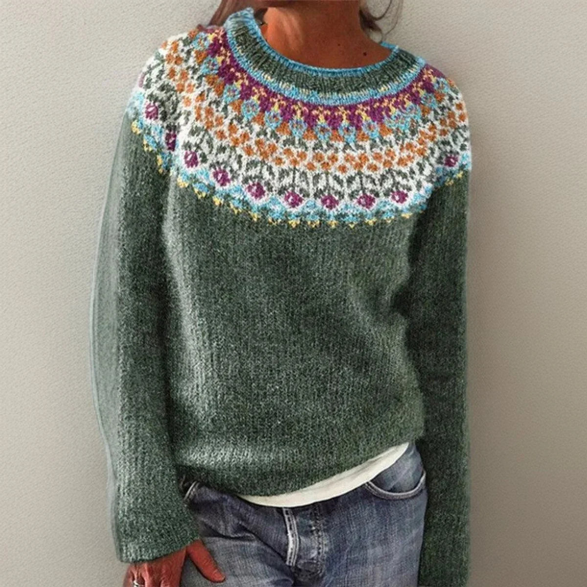 Women's vintage floral yoke pullover knit sweater – Dark Green