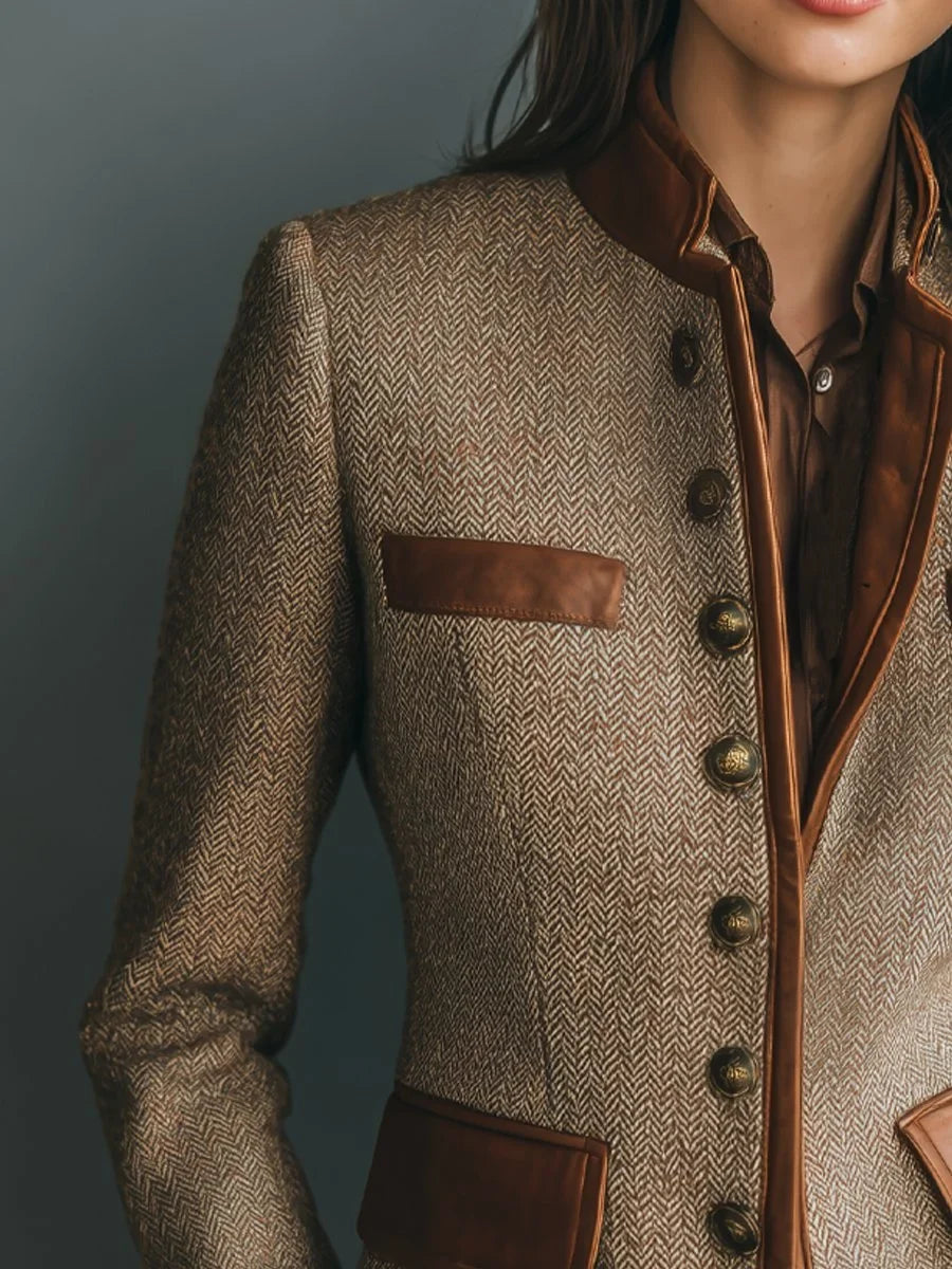 Women's vintage herringbone tweed leather-trim button-front jacket – Brown