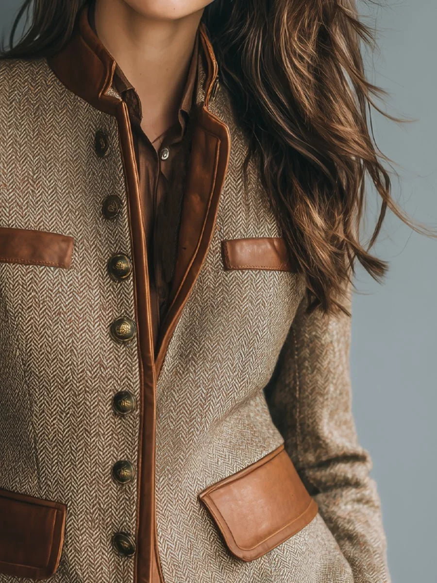 Women's vintage herringbone tweed leather-trim button-front jacket – Brown