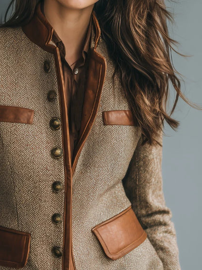 Women's vintage herringbone tweed leather-trim button-front jacket – Brown