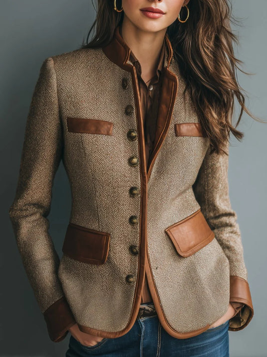 Women's vintage herringbone tweed leather-trim button-front jacket – Brown