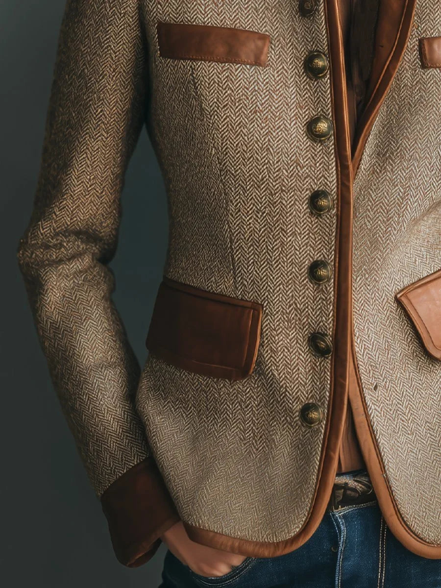 Women's vintage herringbone tweed leather-trim button-front jacket – Brown