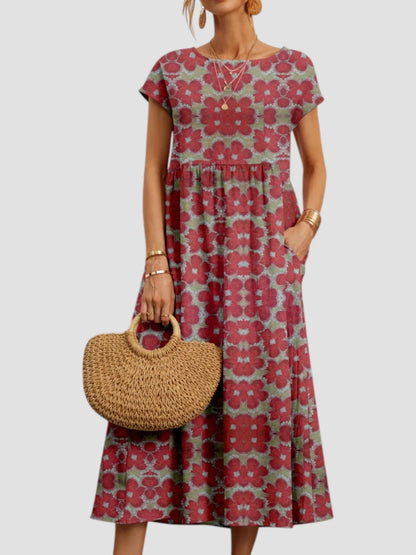 Women's vintage-inspired floral maxi dress with short sleeves and pockets – Red