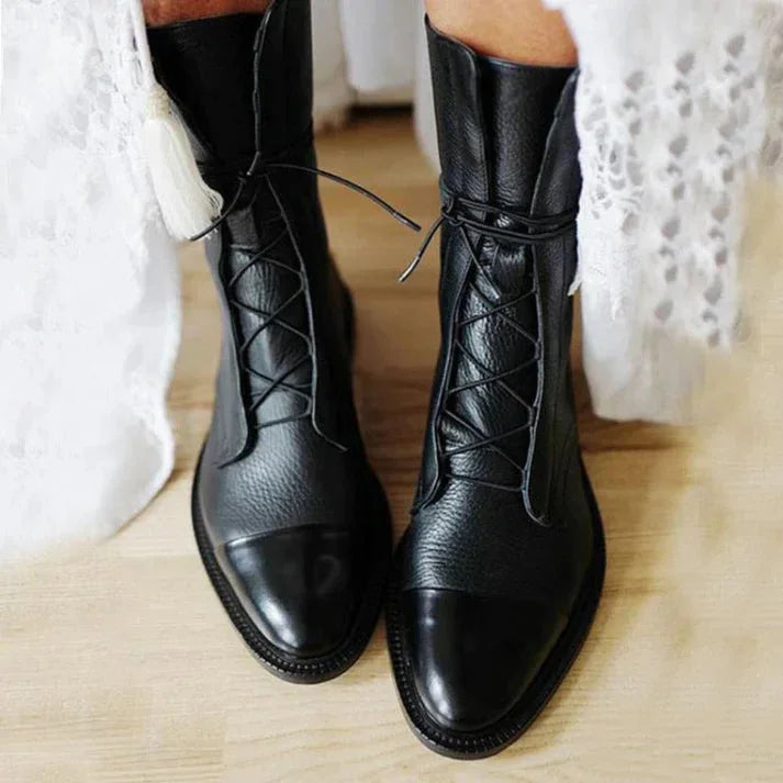 Women's vintage-inspired mid-calf leather boots with lace-up contrast cap-toe