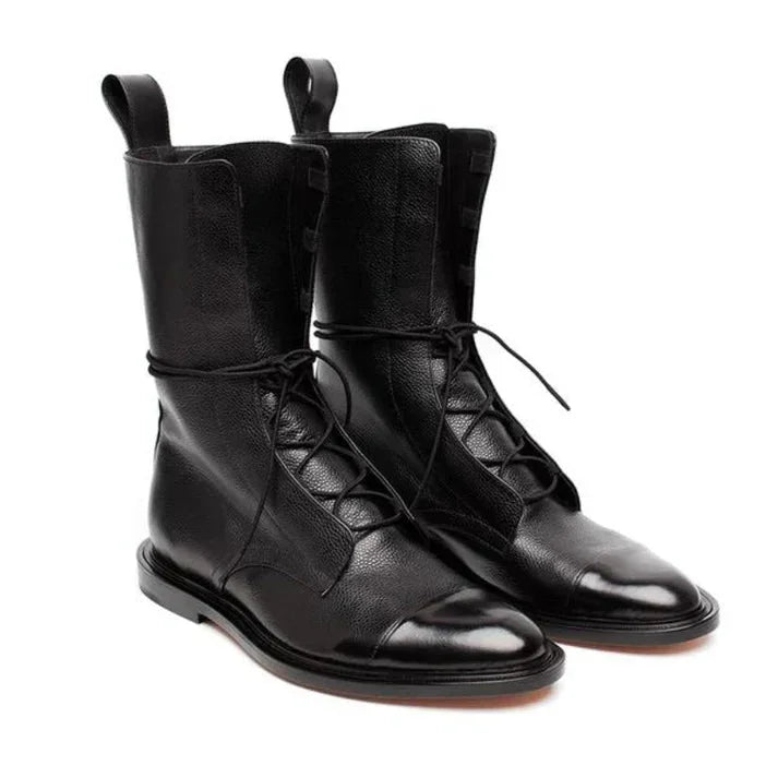 Women's vintage-inspired mid-calf leather boots with lace-up contrast cap-toe – Black