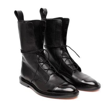 Women's vintage-inspired mid-calf leather boots with lace-up contrast cap-toe – Black
