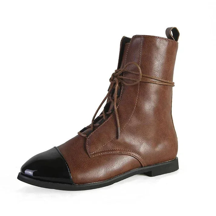 Women's vintage-inspired mid-calf leather boots with lace-up contrast cap-toe – Brown
