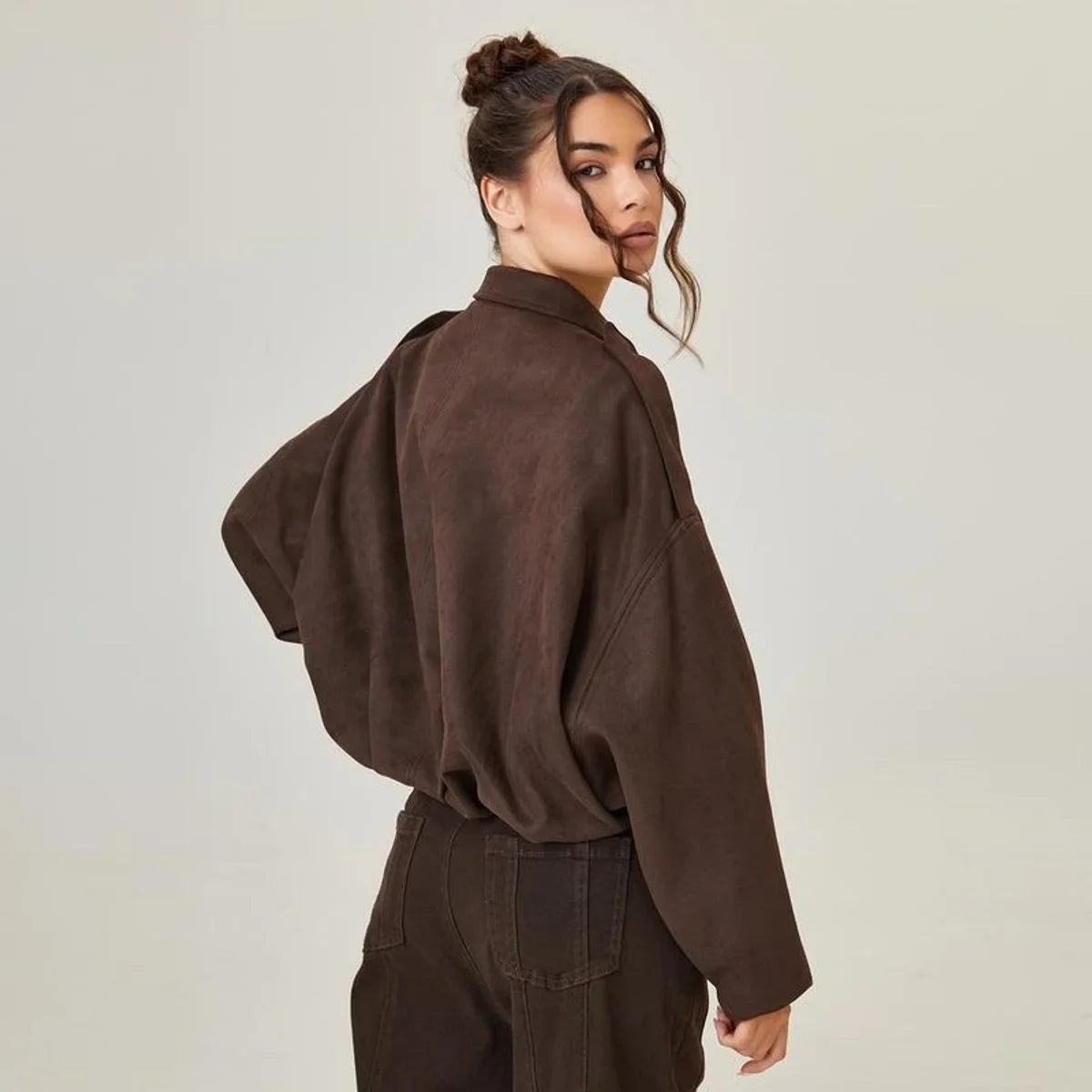 Women's vintage-inspired oversized faux suede bomber jacket