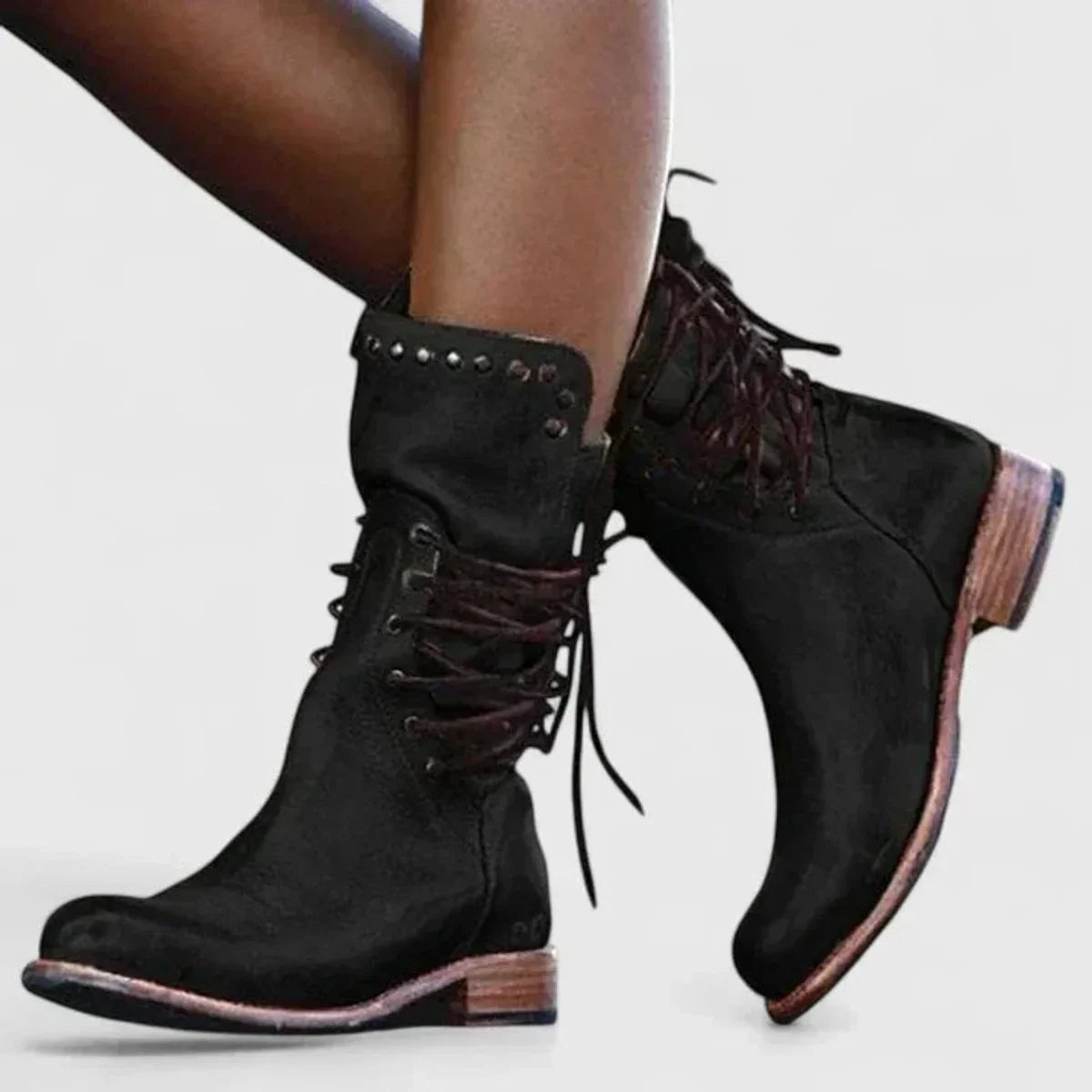 Women's vintage lace-up studded knee high boots block heel – Black