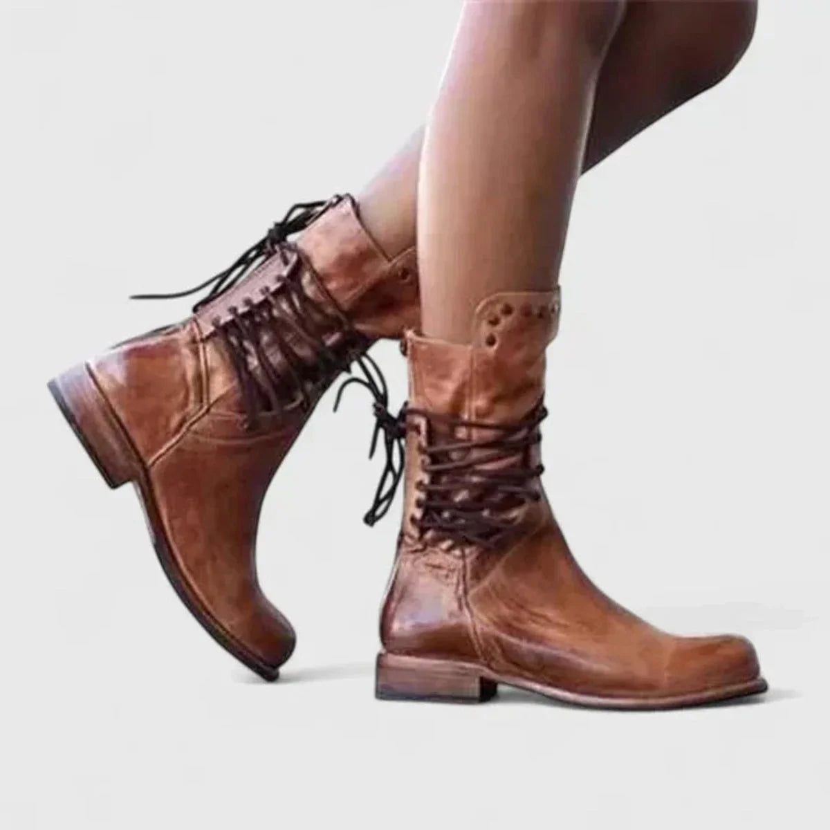 Women's vintage lace-up studded knee high boots block heel – Brown