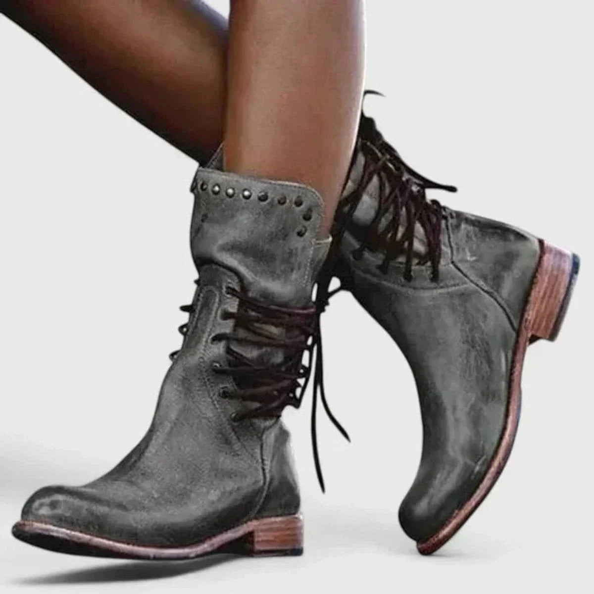 Women's vintage lace-up studded knee high boots block heel – Gray