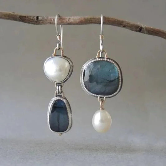 Women's vintage mismatched gem pearl drop earrings with hook closure – Blue