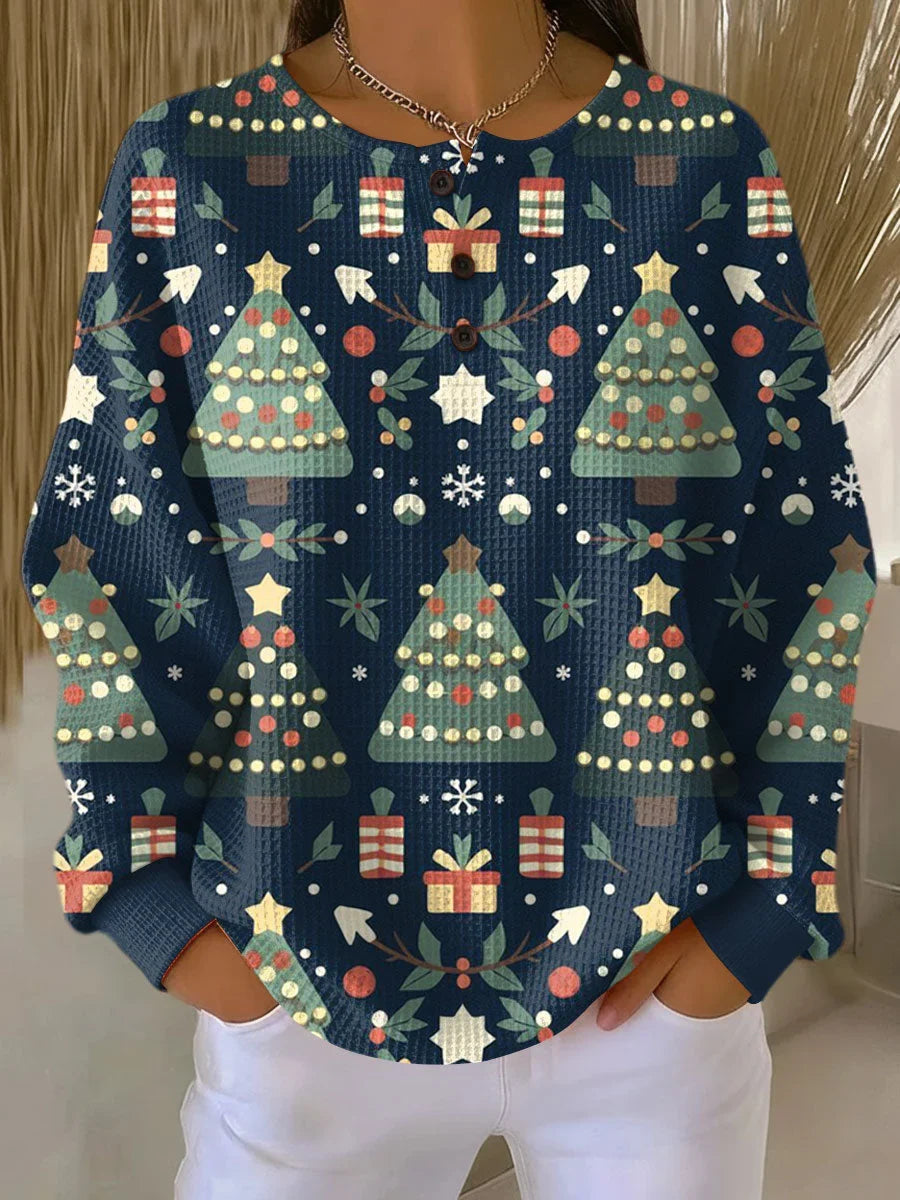 Women's waffle Christmas pattern knit sweater with round neck button placket – Navy Blue
