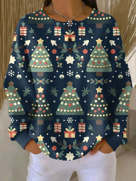 Women's waffle Christmas pattern knit sweater with round neck button placket – Navy Blue