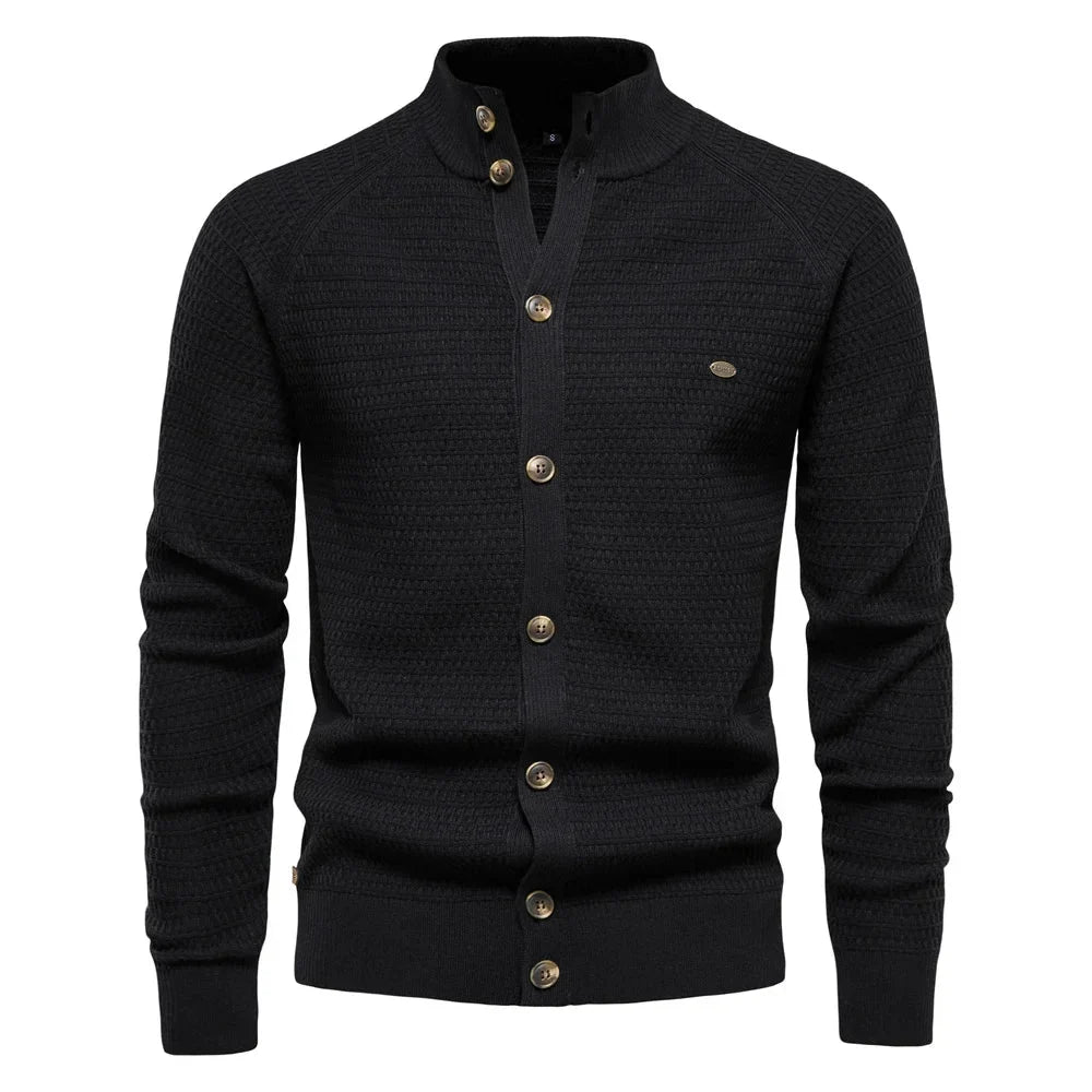 Women's waffle-knit cardigan with button-front closure and stand-up collar – Black