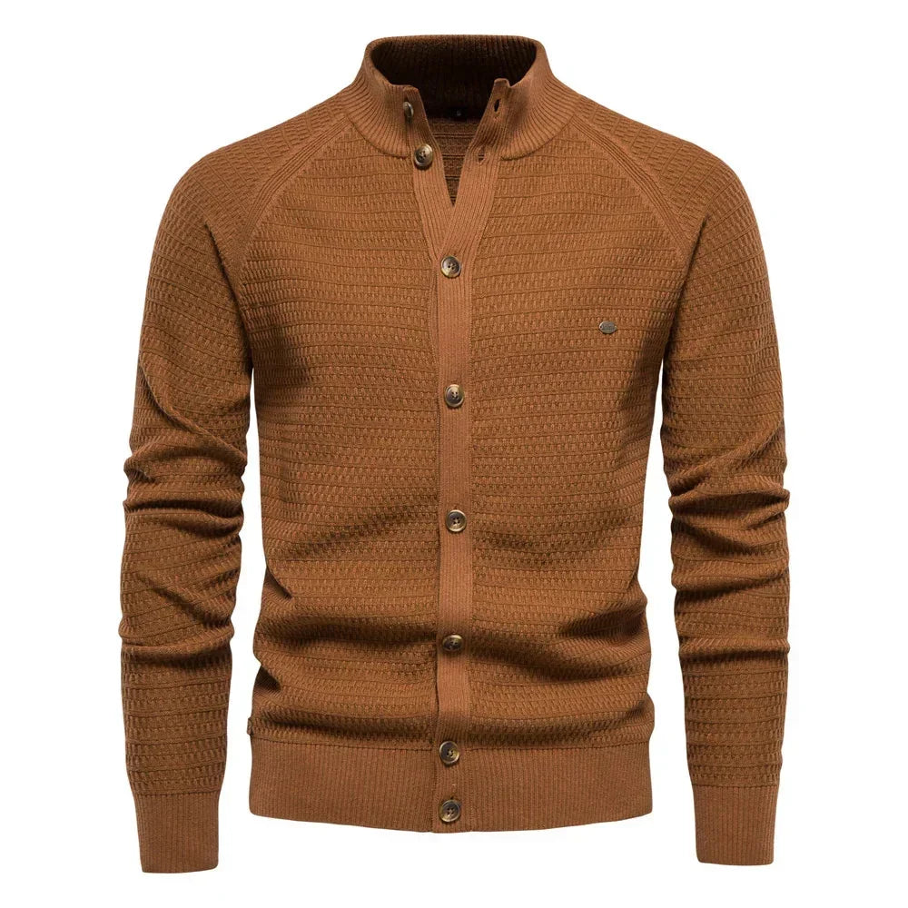 Women's waffle-knit cardigan with button-front closure and stand-up collar – Brown