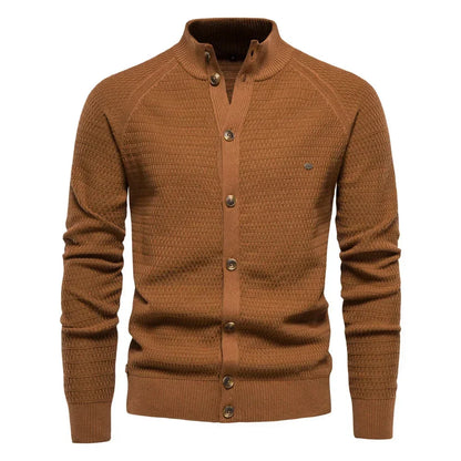 Women's waffle-knit cardigan with button-front closure and stand-up collar – Brown