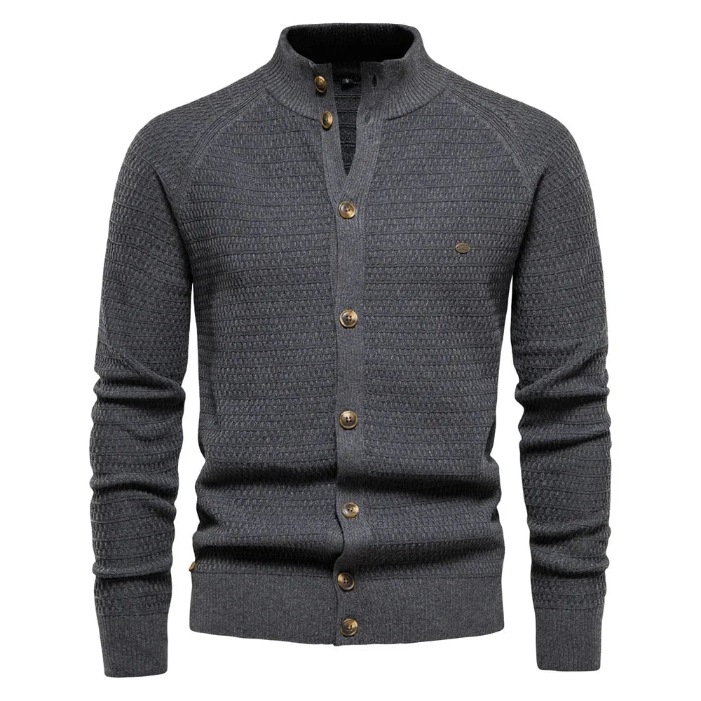 Women's waffle-knit cardigan with button-front closure and stand-up collar – Grey