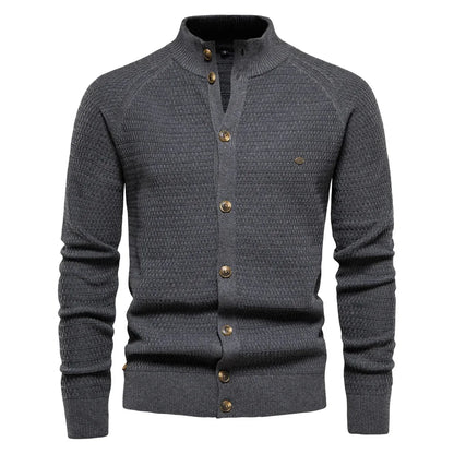 Women's waffle-knit cardigan with button-front closure and stand-up collar – Grey