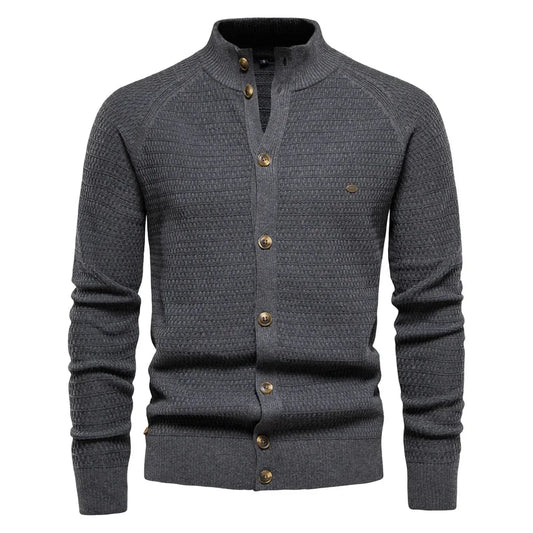 Women's waffle-knit cardigan with button-front closure and stand-up collar – Grey