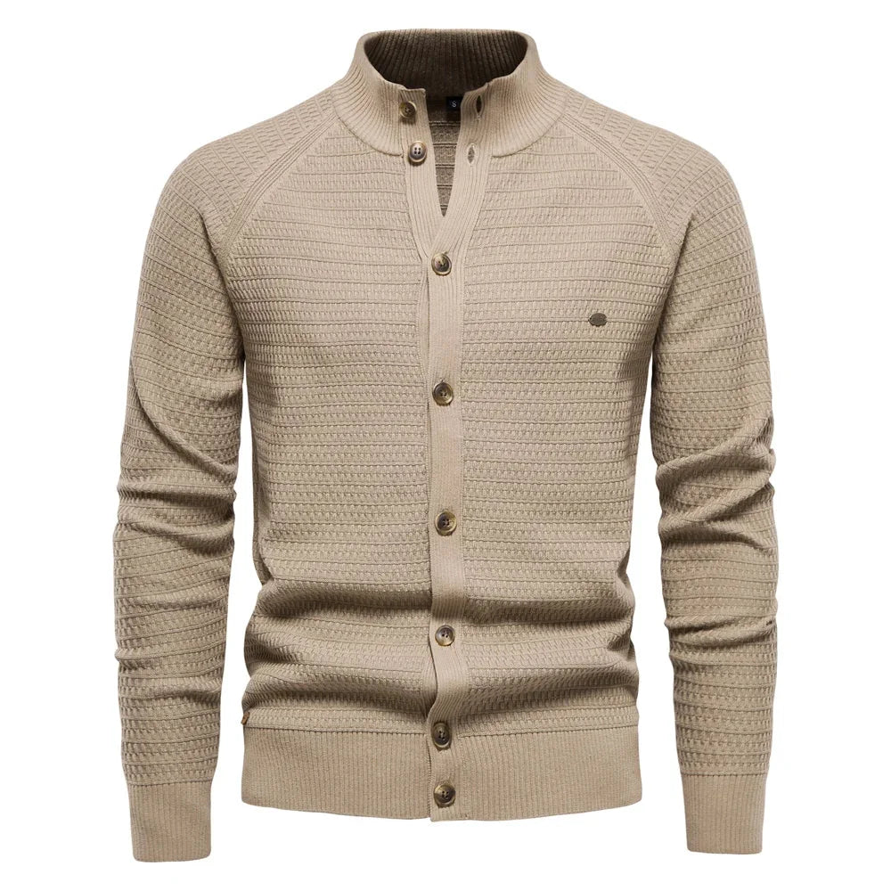 Women's waffle-knit cardigan with button-front closure and stand-up collar – Khaki