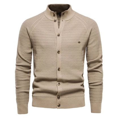 Women's waffle-knit cardigan with button-front closure and stand-up collar – Khaki