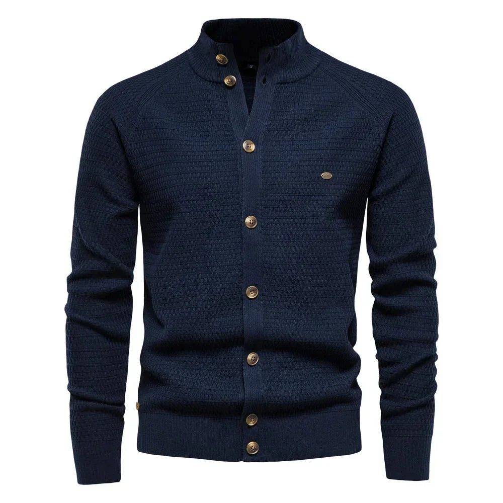 Women's waffle-knit cardigan with button-front closure and stand-up collar – Navy blue