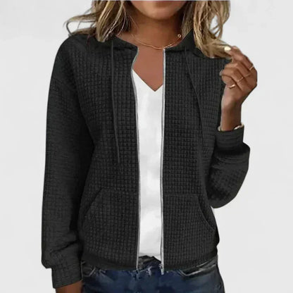Women's waffle-knit hooded cardigan sweater with full-zip front pockets – Black