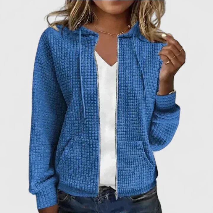 Women's waffle-knit hooded cardigan sweater with full-zip front pockets – Blue