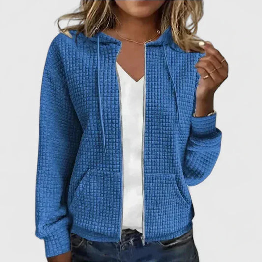 Women's waffle-knit hooded cardigan sweater with full-zip front pockets – Blue