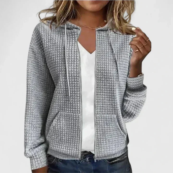Women's waffle-knit hooded cardigan sweater with full-zip front pockets – Grey